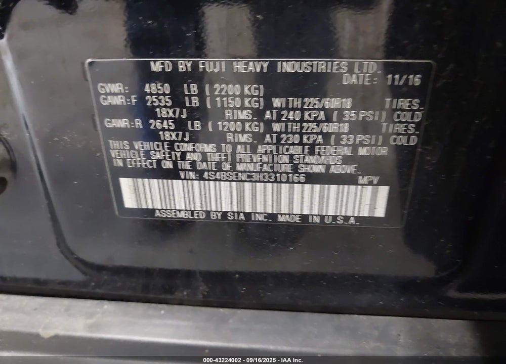 2017 SUBARU OUTBACK VIN: 4S4BSENC3H3310166