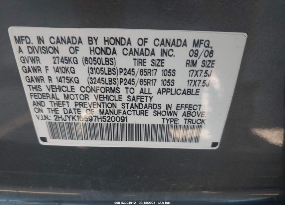 2007 HONDA RIDGELINE VIN: 2HJYK16597H520091