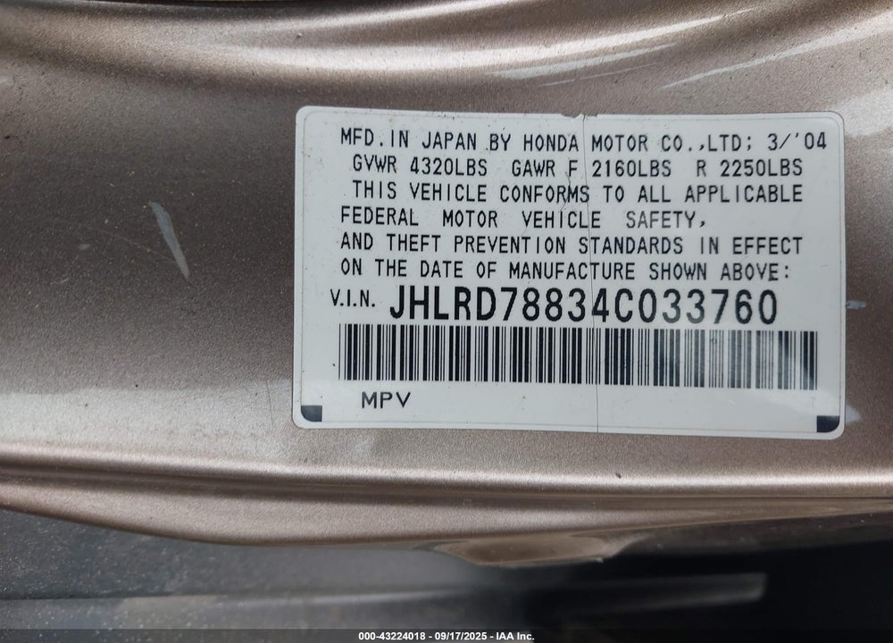 2004 HONDA CR-V EX VIN: JHLRD78834C033760