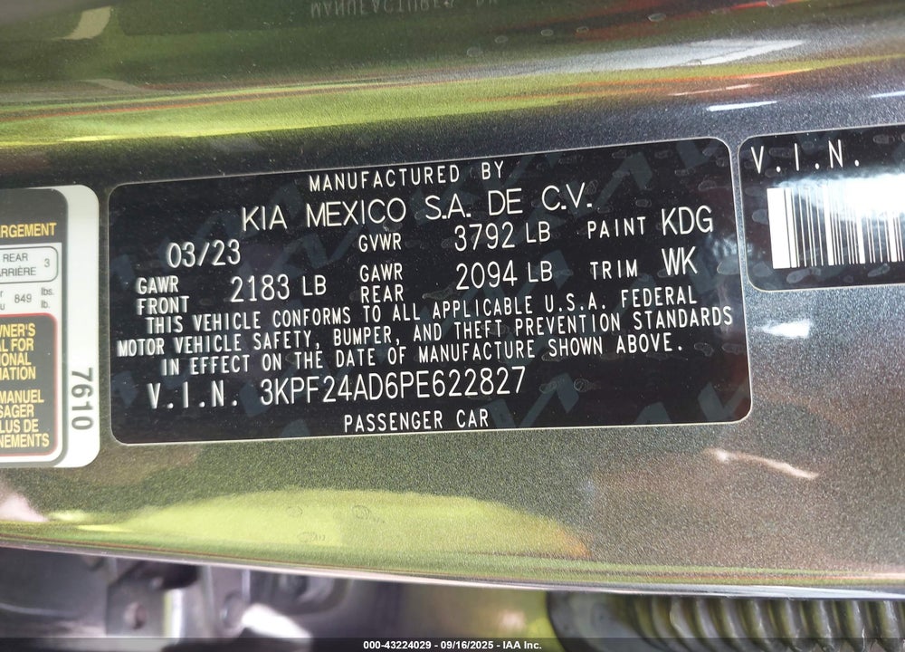 2023 KIA FORTE LXS VIN: 3KPF24AD6PE622827
