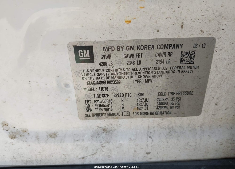 2020 BUICK ENCORE VIN: KL4CJASB6LB023509