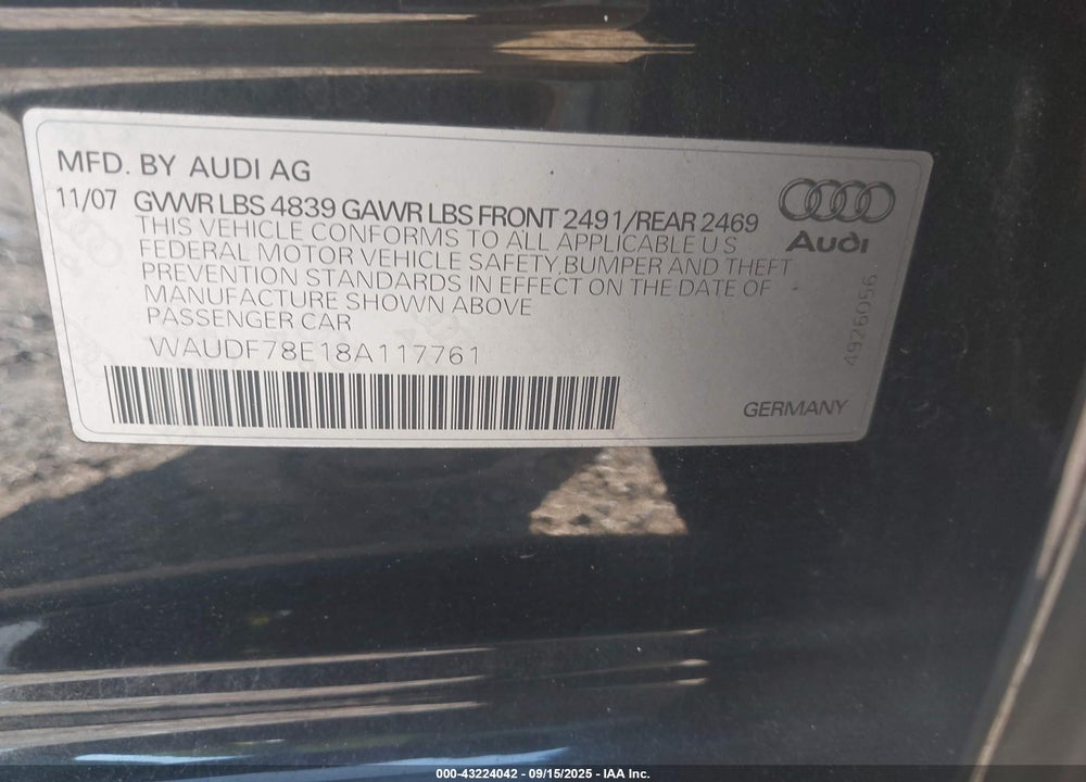 2008 AUDI A4 VIN: WAUDF78E18A117761
