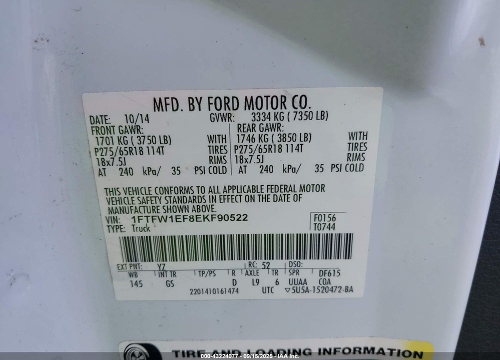 2014 FORD F-150 XLT VIN: 1FTFW1EF8EKF90522