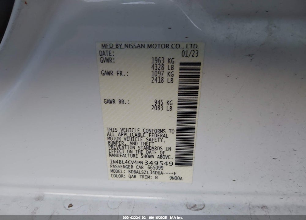 2023 NISSAN ALTIMA SR FWD VIN: 1N4BL4CV4PN349549