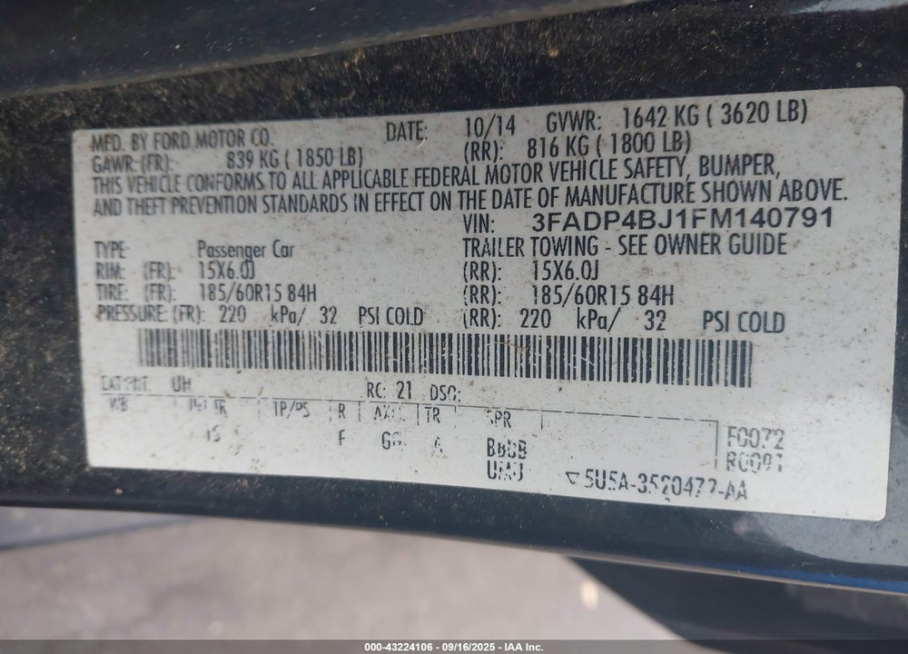 2015 FORD FIESTA VIN: 3FADP4BJ1FM140791