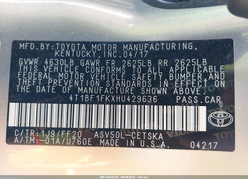 2017 TOYOTA CAMRY VIN: 4T1BF1FKXHU429636