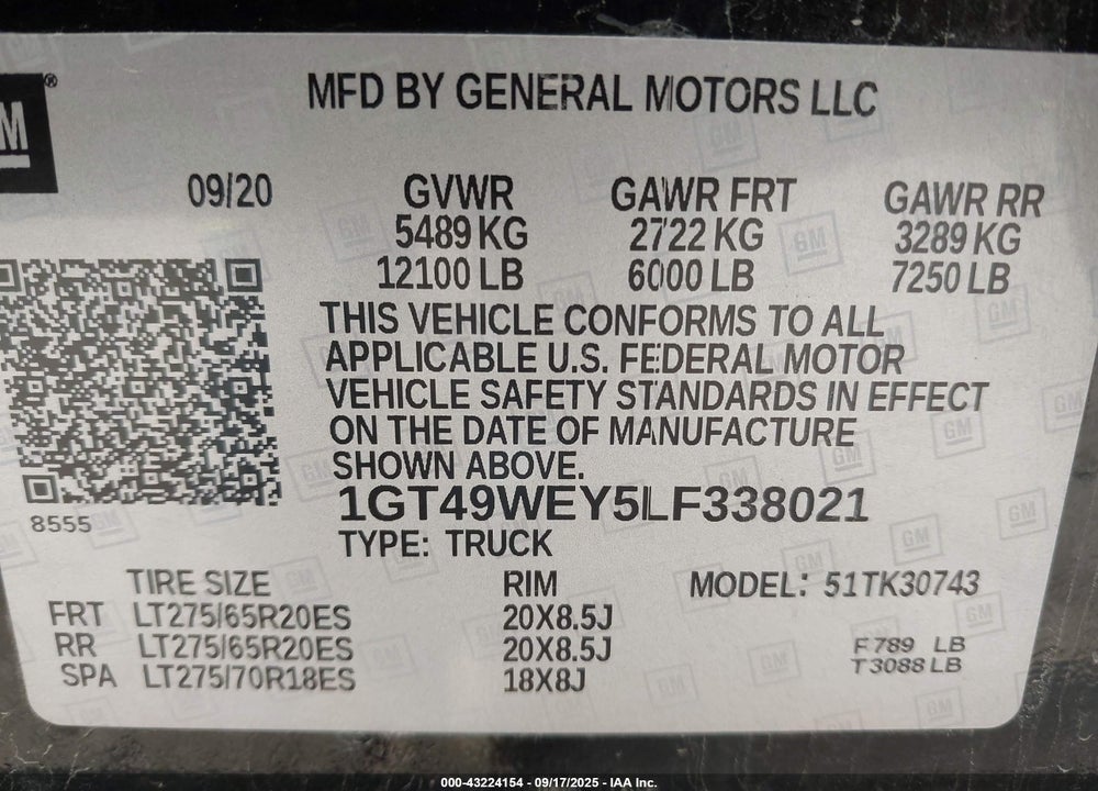 2020 GMC SIERRA 3500HD 4WD  STANDARD BED DENALI VIN: 1GT49WEY5LF338021