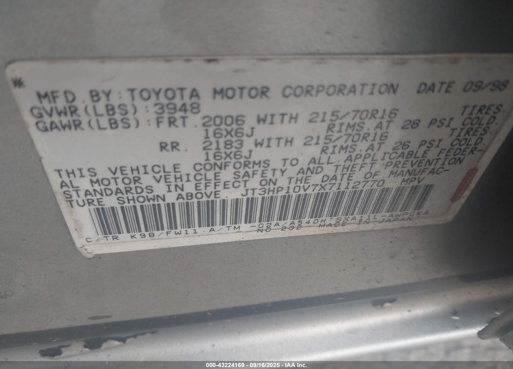 1999 TOYOTA RAV4 VIN: JT3HP10V7X7112770