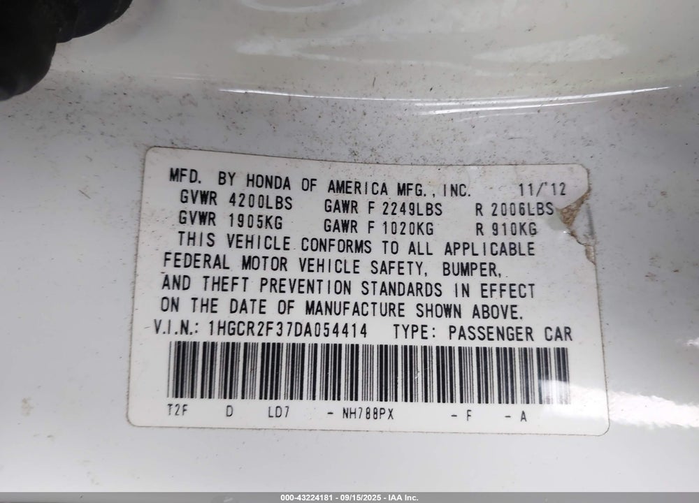 2013 HONDA ACCORD LX VIN: 1HGCR2F37DA054414