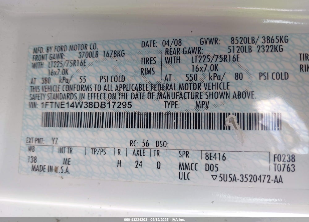 2008 FORD E-150 COMMERCIAL/RECREATIONAL VIN: 1FTNE14W38DB17295