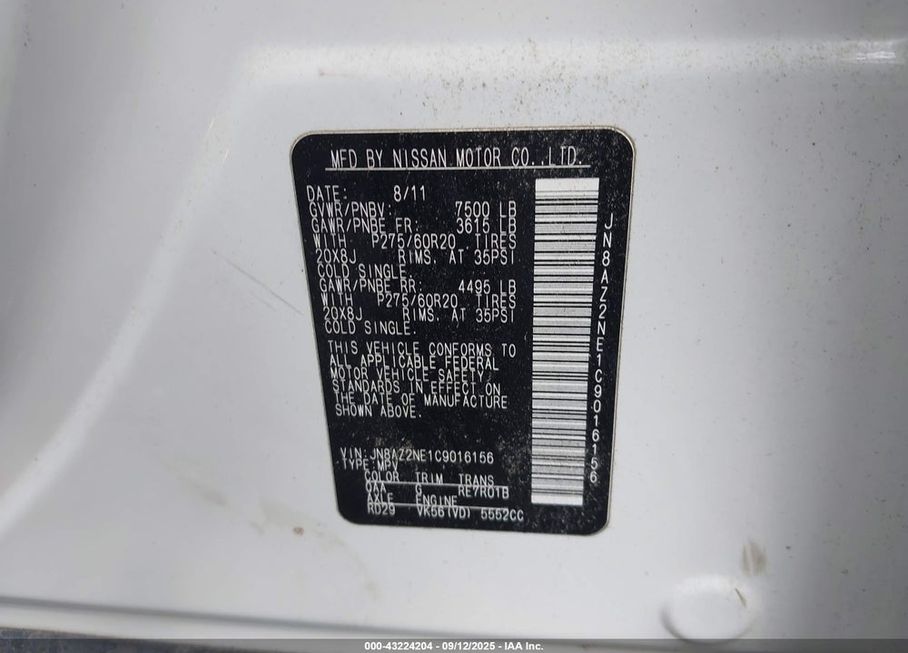 2012 INFINITI QX56 VIN: JN8AZ2NE1C9016156