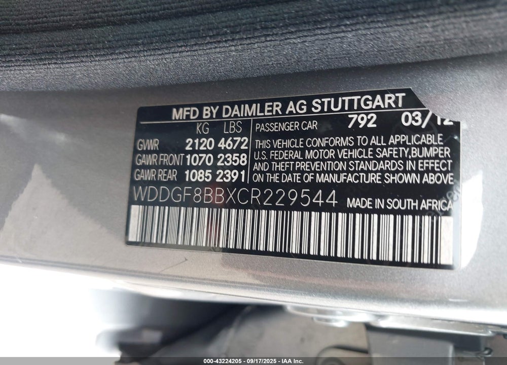 2012 MERCEDES-BENZ C CLASS VIN: WDDGF8BBXCR229544