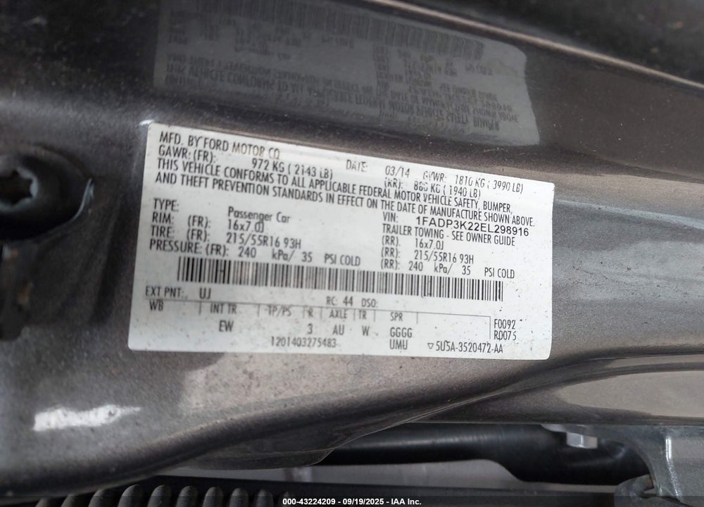 2014 FORD FOCUS VIN: 1FADP3K22EL298916