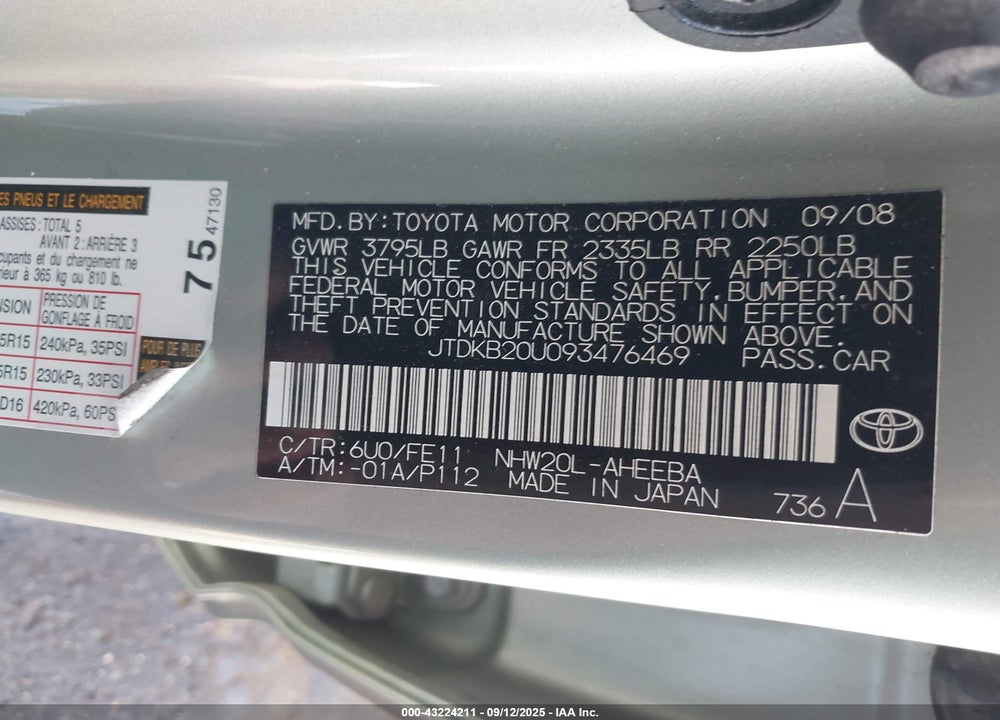2009 TOYOTA PRIUS VIN: JTDKB20U093476469