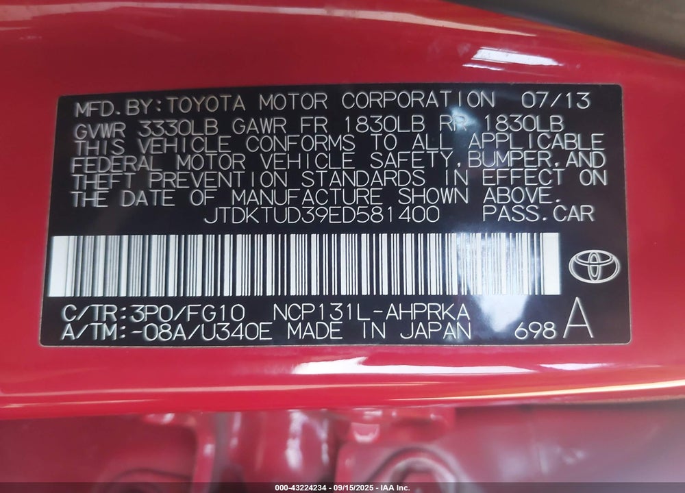 2014 TOYOTA YARIS VIN: JTDKTUD39ED581400
