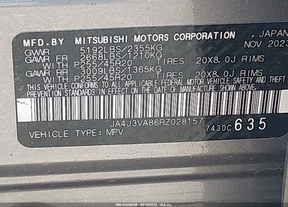 2024 MITSUBISHI OUTLANDER SE 2.5 2WD/SE BLACK EDITION S-AWC/SE BLACK EDITION W/PANO ROOF S-AWC VIN: JA4J3VA86RZ028157