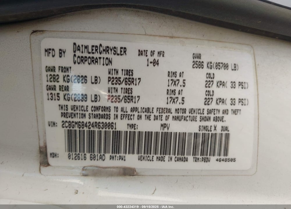 2004 CHRYSLER PACIFICA VIN: 2C8GM68424R630061