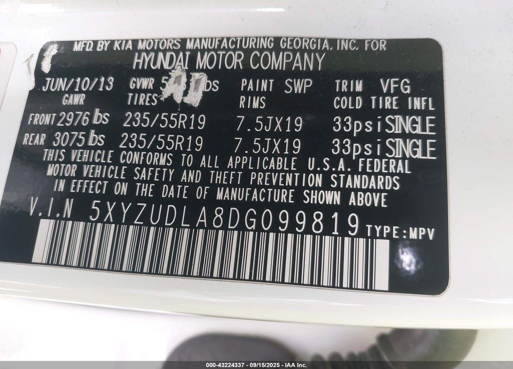 2013 HYUNDAI SANTA FE VIN: 5XYZUDLA8DG099819