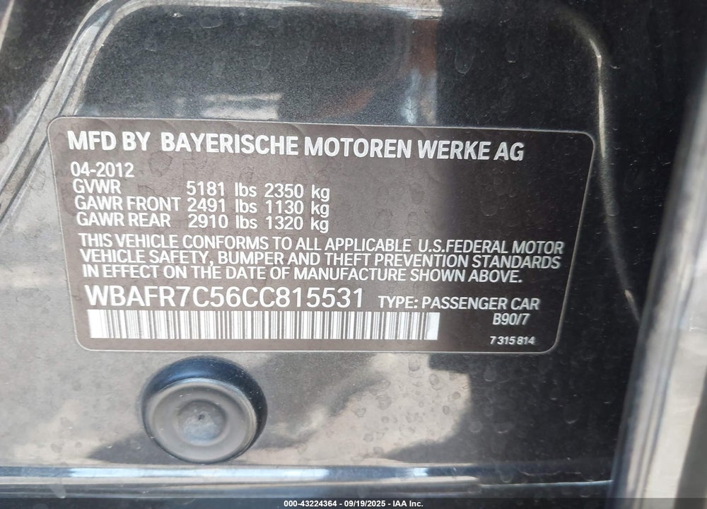 2012 BMW 5 SERIES VIN: WBAFR7C56CC815531