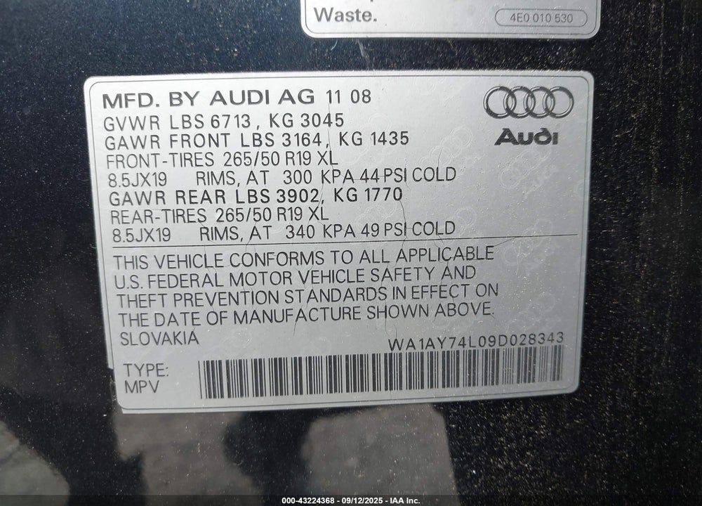 2009 AUDI Q7 VIN: WA1AY74L09D028343