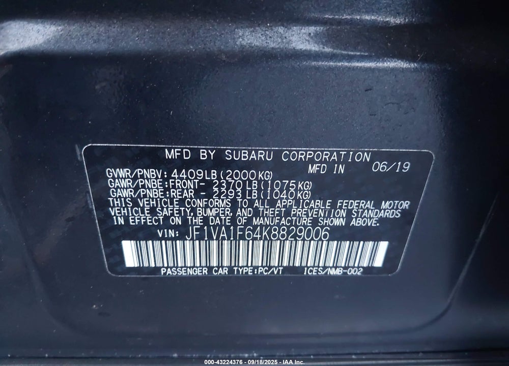 2019 SUBARU WRX PREMIUM VIN: JF1VA1F64K8829006