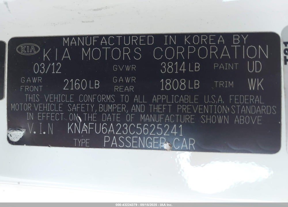 2012 KIA FORTE VIN: KNAFU6A23C5625241