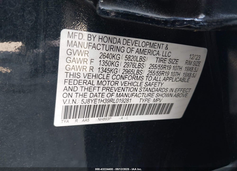 2024 ACURA MDX STANDARD VIN: 5J8YE1H39RL019281