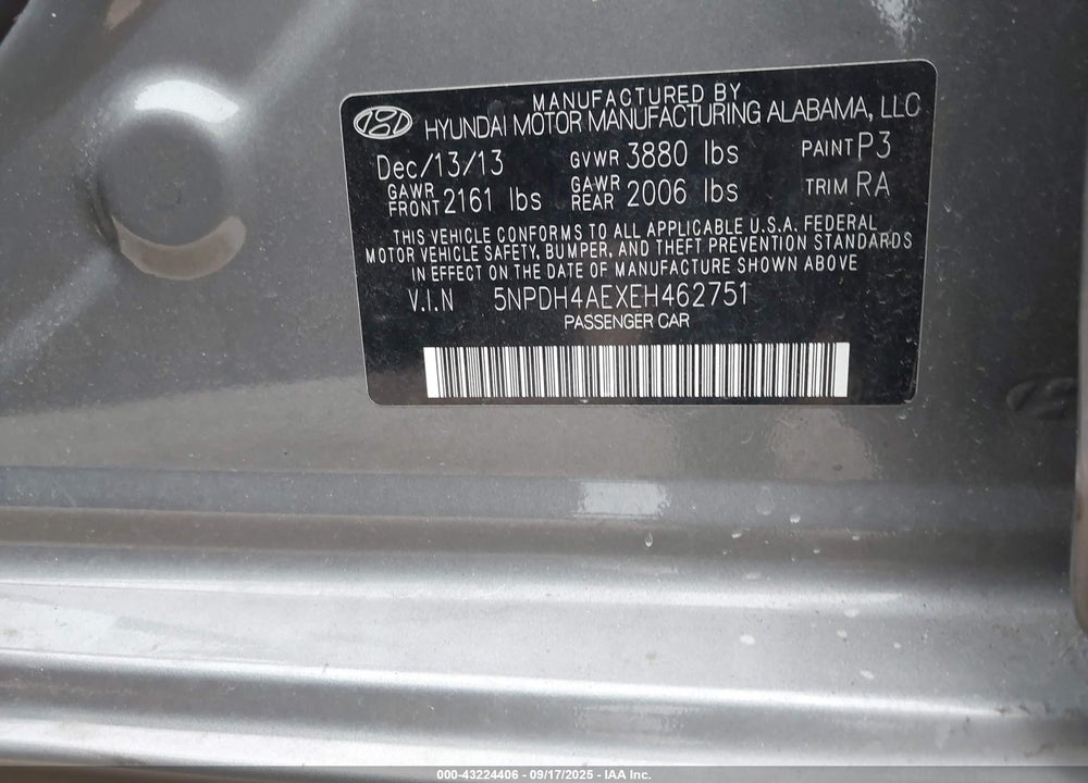 2014 HYUNDAI ELANTRA VIN: 5NPDH4AEXEH462751