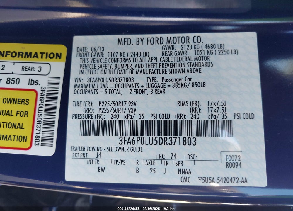 2013 FORD FUSION HYBRID SE VIN: 3FA6P0LU5DR371803