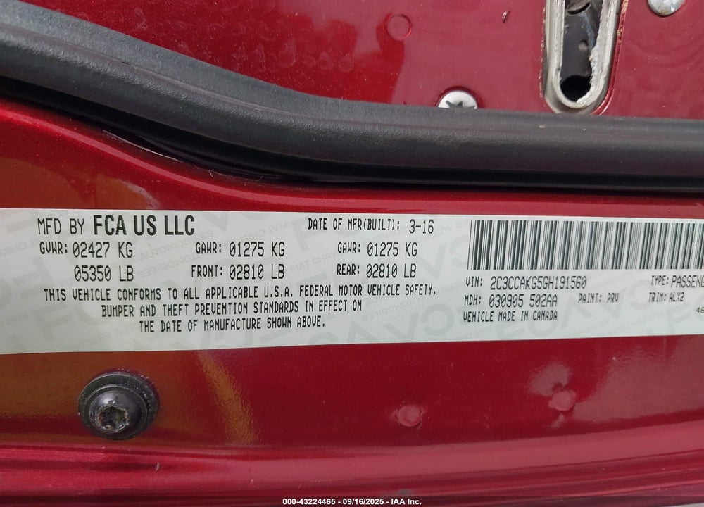 2016 CHRYSLER 300 VIN: 2C3CCAKG5GH191560
