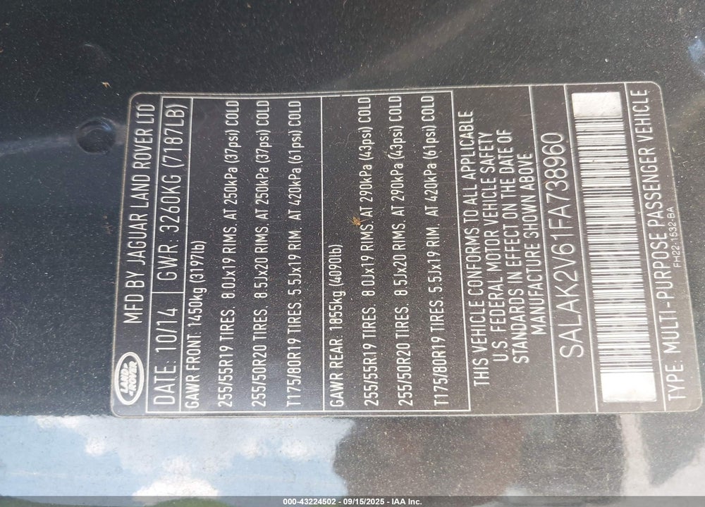 2015 LAND ROVER LR4 VIN: SALAK2V61FA738960