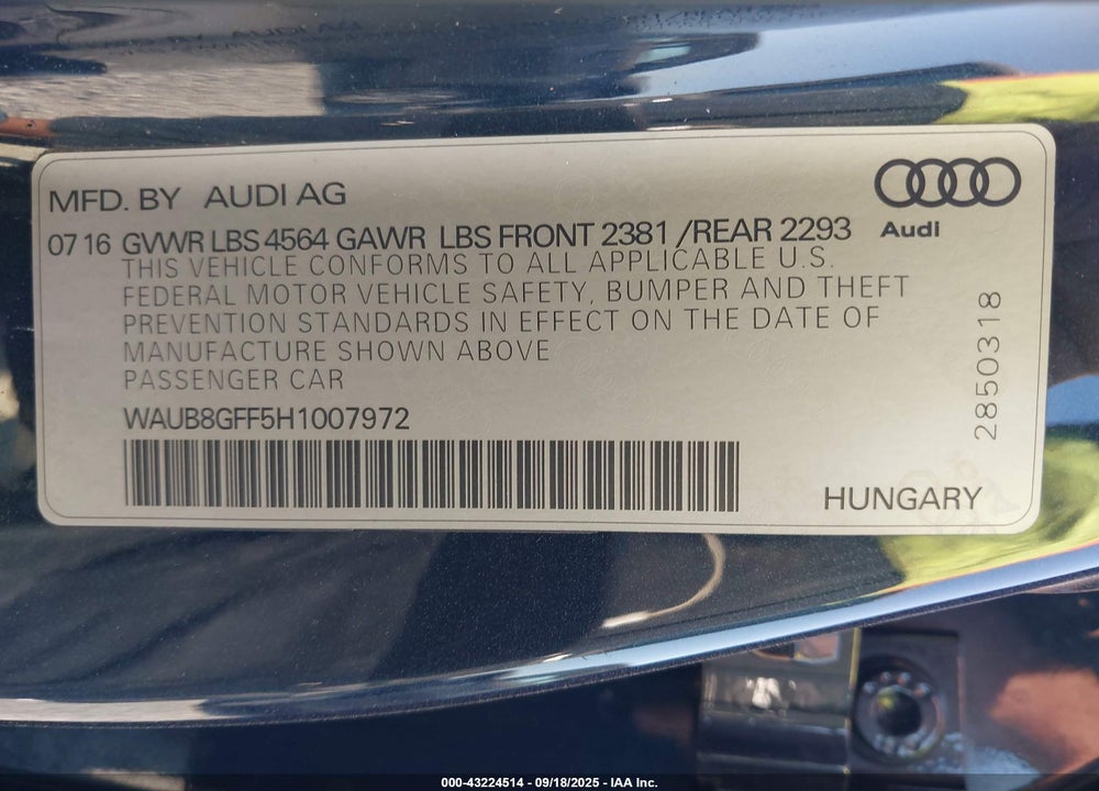 2017 AUDI A3 VIN: WAUB8GFF5H1007972