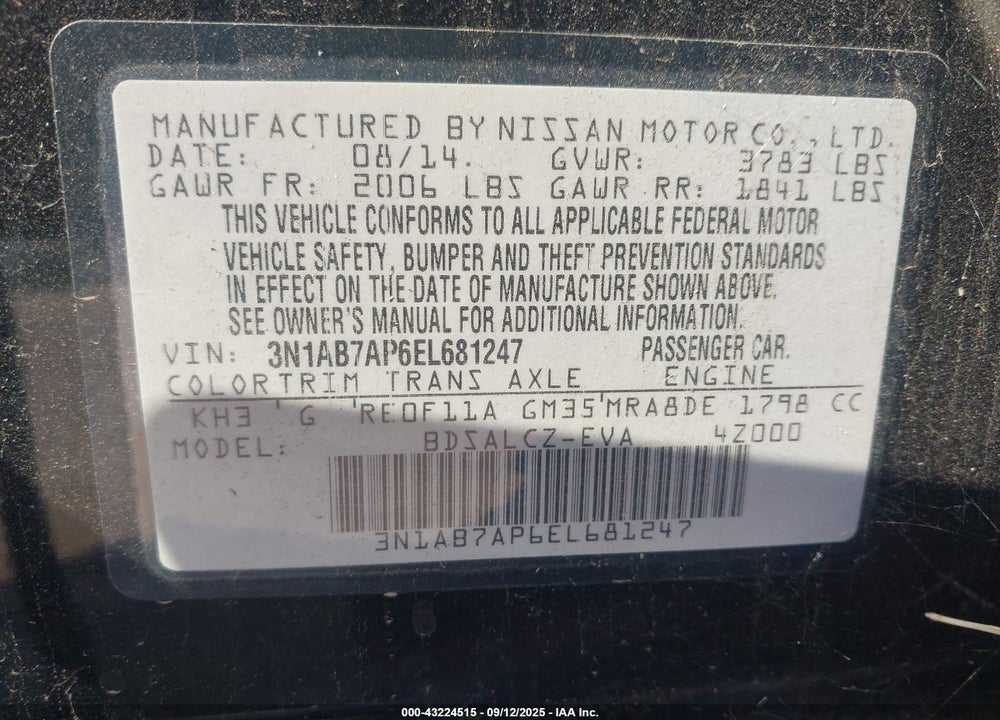 2014 NISSAN SENTRA S VIN: 3N1AB7AP6EL681247