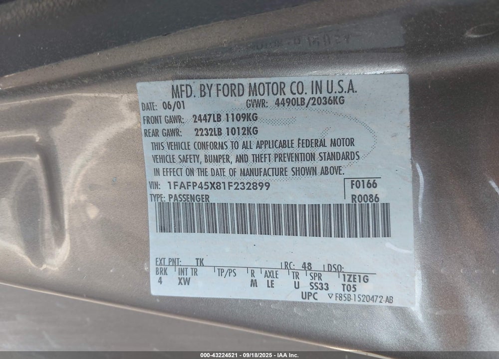 2001 FORD MUSTANG GT VIN: 1FAFP45X81F232899