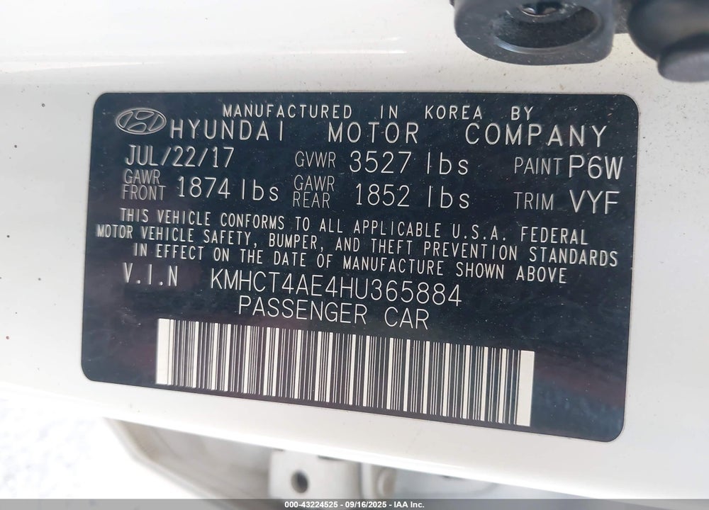 2017 HYUNDAI ACCENT SE VIN: KMHCT4AE4HU365884