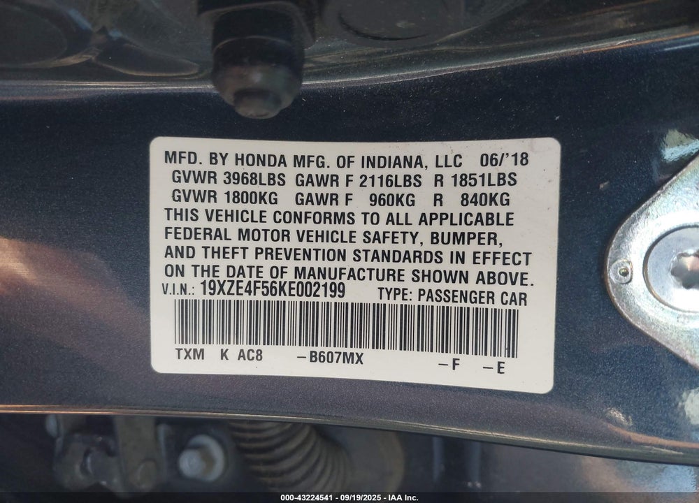 2019 HONDA INSIGHT VIN: 19XZE4F56KE002199
