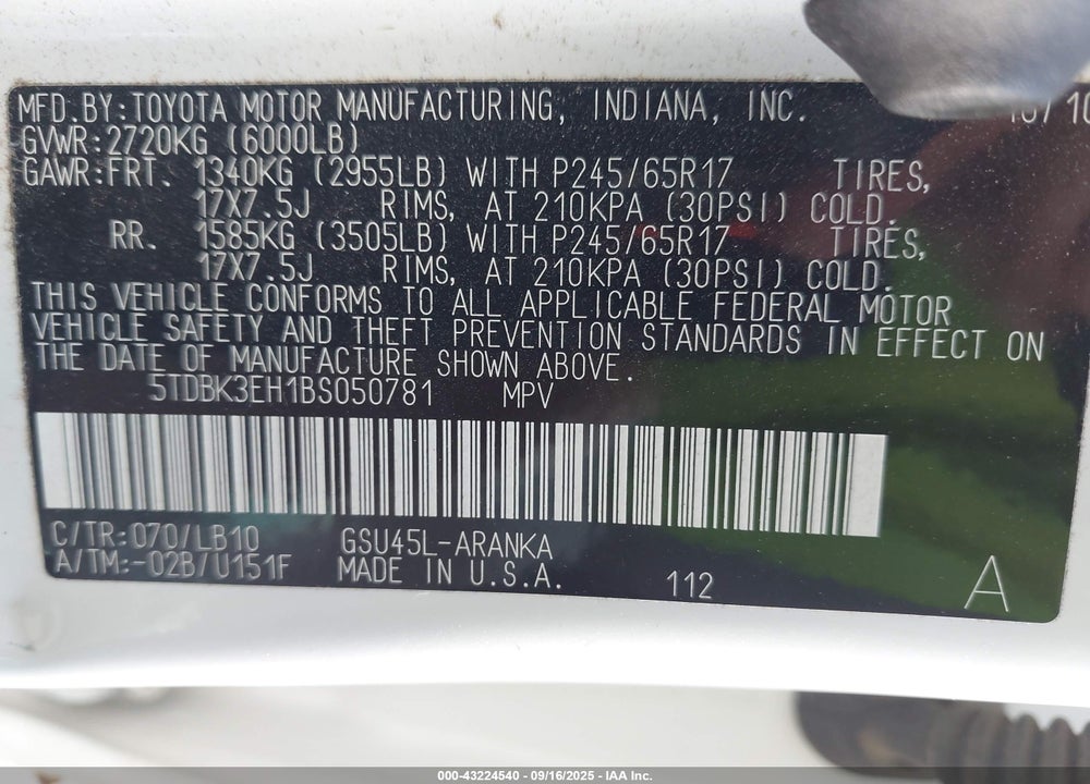 2011 TOYOTA HIGHLANDER VIN: 5TDBK3EH1BS050781
