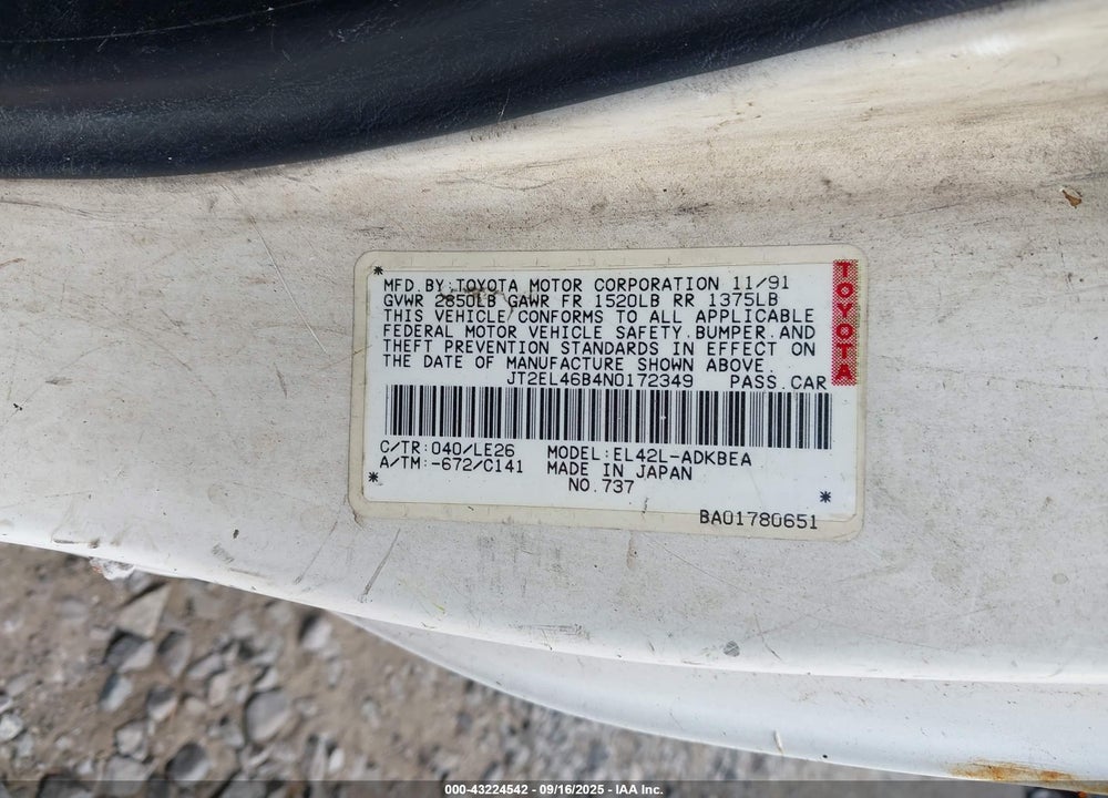 1992 TOYOTA TERCEL STD VIN: JT2EL46B4N0172349