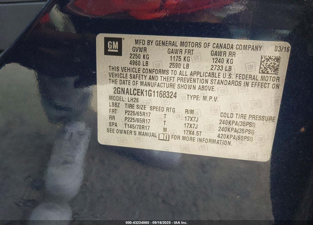 2016 CHEVROLET EQUINOX VIN: 2GNALCEK1G1168324