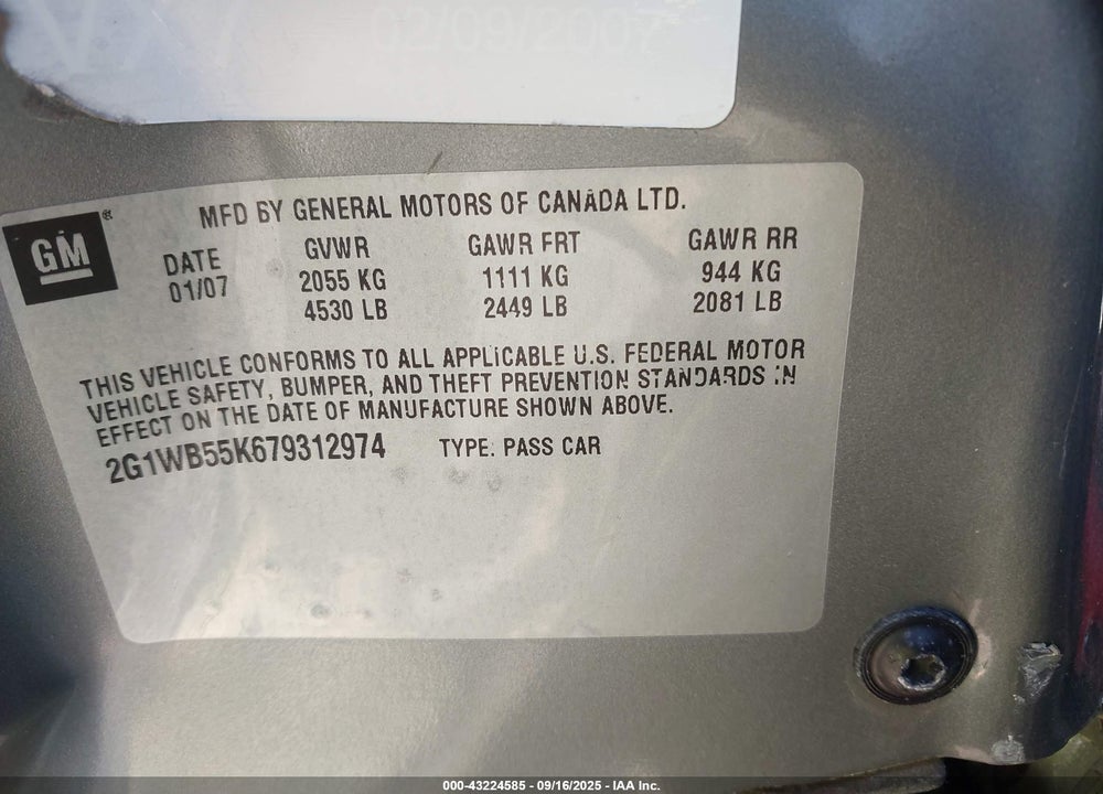 2007 CHEVROLET IMPALA LS VIN: 2G1WB55K679312974