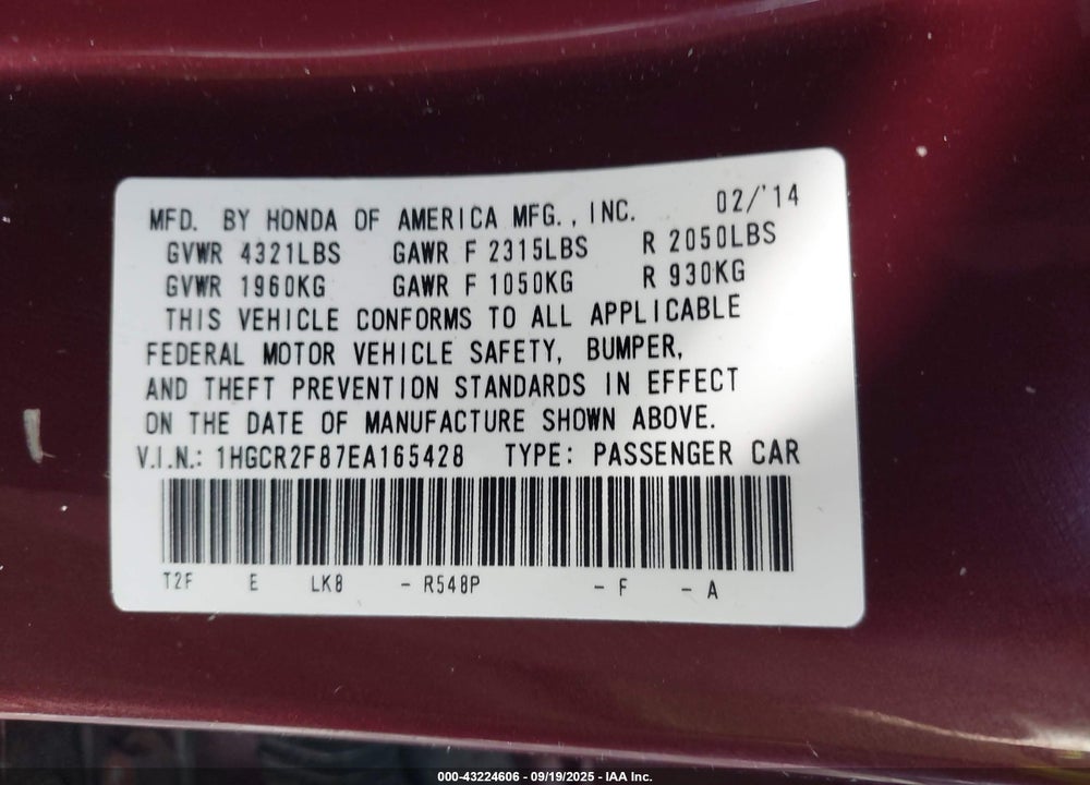 2014 HONDA ACCORD EX-L VIN: 1HGCR2F87EA165428