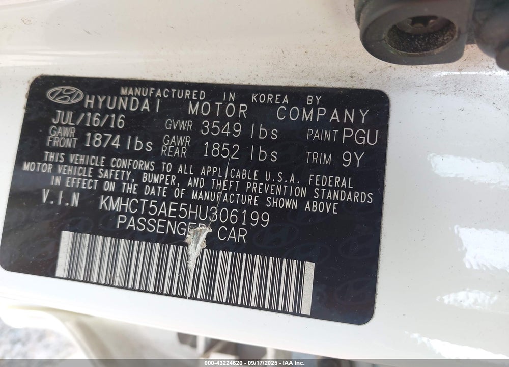 2017 HYUNDAI ACCENT VIN: KMHCT5AE5HU306199