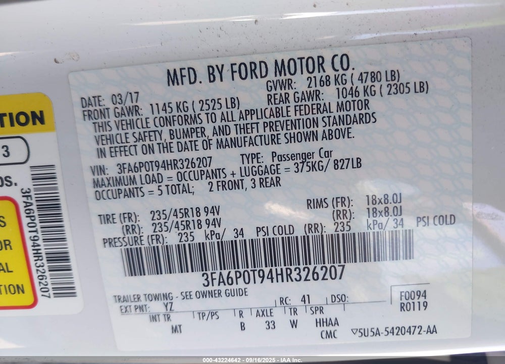 2017 FORD FUSION VIN: 3FA6P0T94HR326207