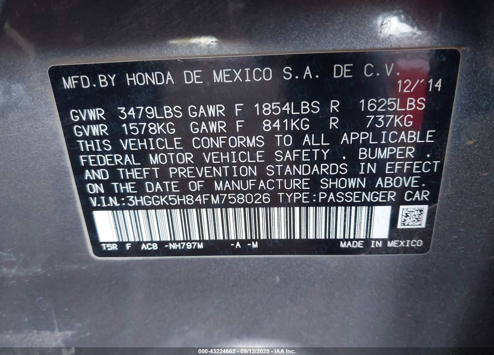 2015 HONDA FIT VIN: 3HGGK5H84FM758026
