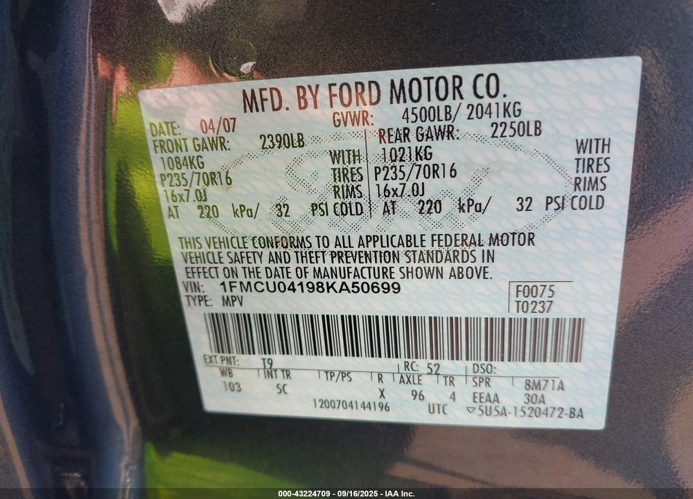 2008 FORD ESCAPE LIMITED VIN: 1FMCU04198KA50699