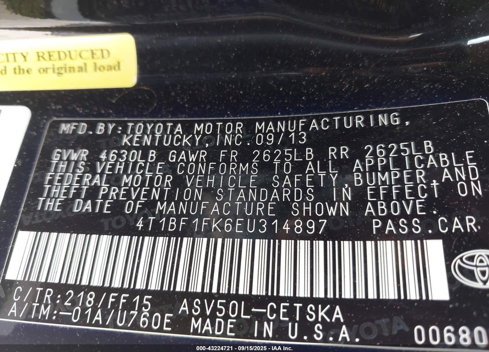 2014 TOYOTA CAMRY SE VIN: 4T1BF1FK6EU314897