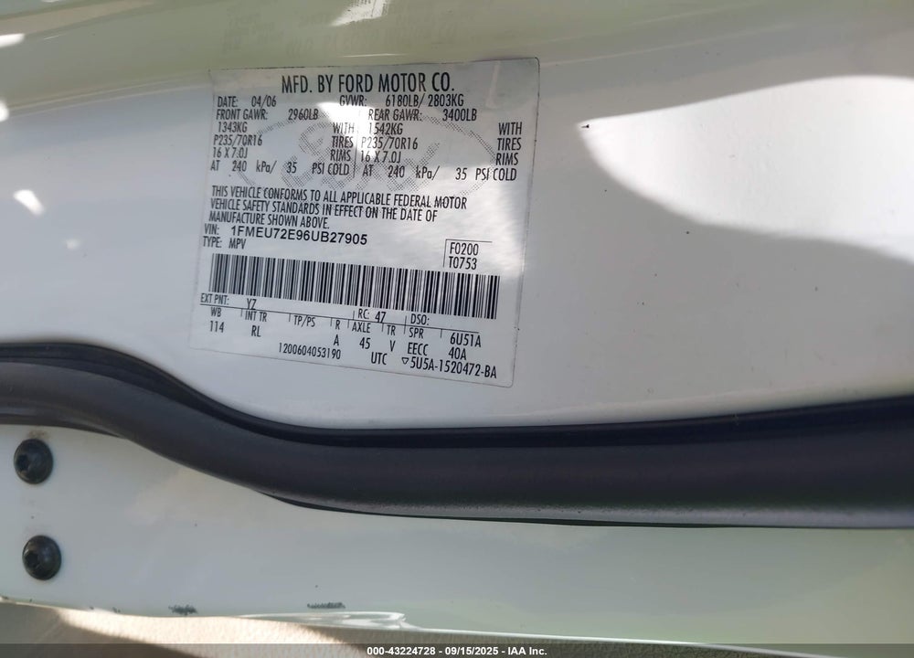 2006 FORD EXPLORER XLS VIN: 1FMEU72E96UB27905
