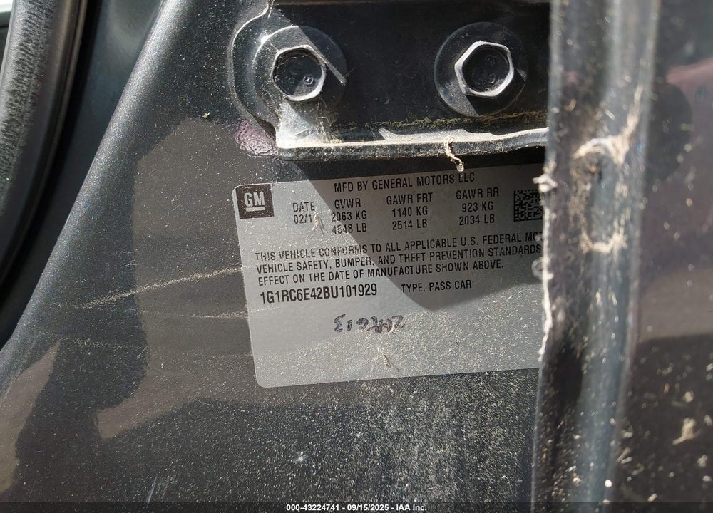 2011 CHEVROLET VOLT VIN: 1G1RC6E42BU101929