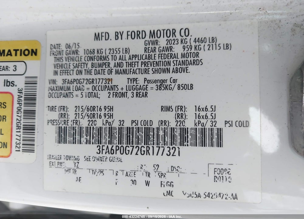 2016 FORD FUSION S VIN: 3FA6P0G72GR177321