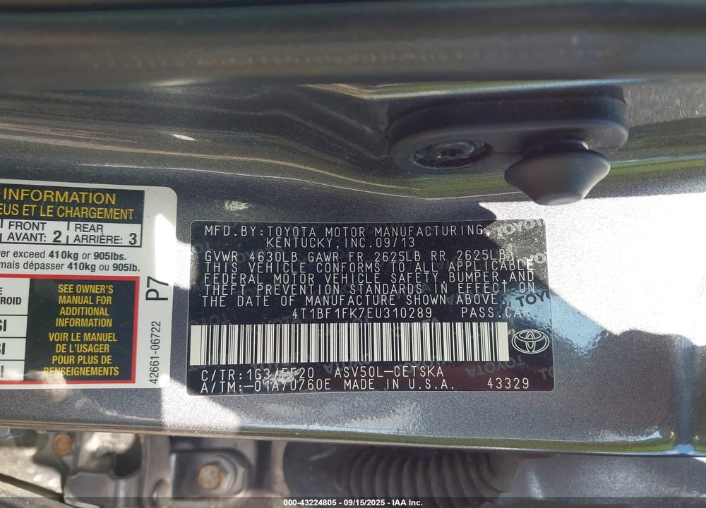 2014 TOYOTA CAMRY SE VIN: 4T1BF1FK7EU310289